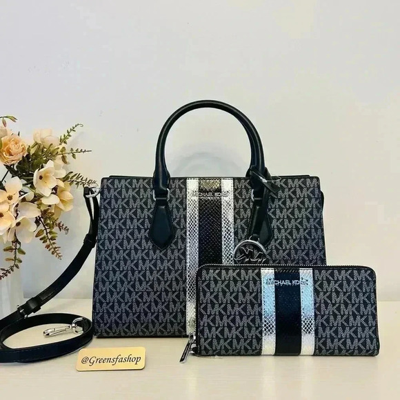 Michael Kors Purse & Wallet Sheila Medium Signature Logo and Metallic Satchel Bl - Picture 1 of 12